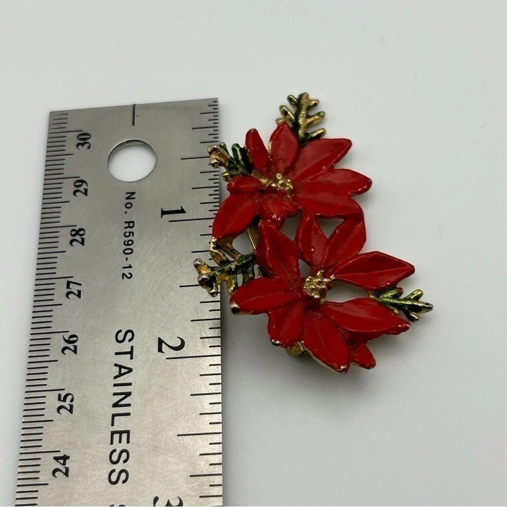 Vintage Red Enamel Poinsettia Brooch Christmas Holidays Floral Signed